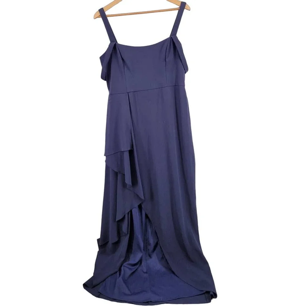 XSCAPE Navy Blue Ruched Crepe Gown NWT‎ Sz 14 Square Neck Hi-Lo Slit Formal Prom